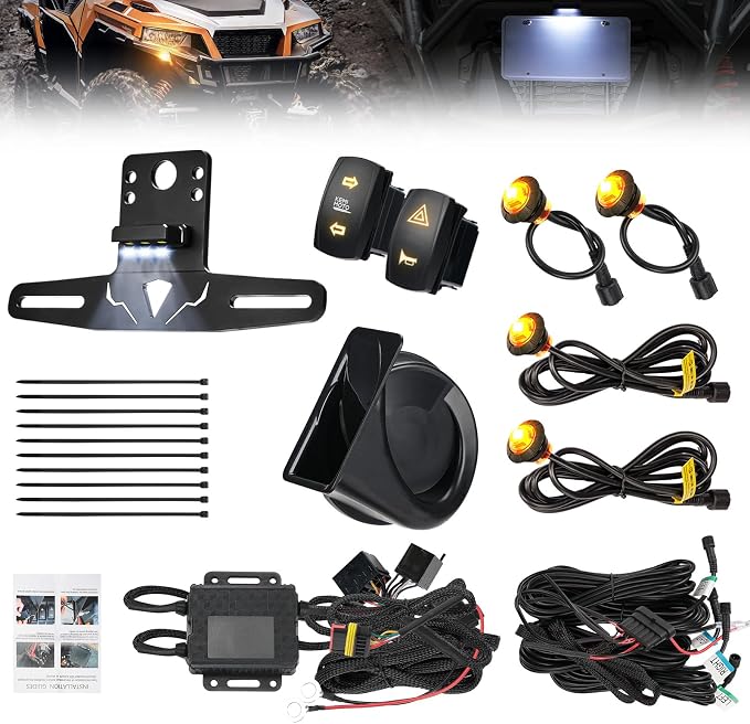 KEMIMOTO UTV Turn Signal Kit with 110D Horn and License Plate Holder with Light, Plug and Play UTV ATV Blinker with Rocker Switch Compatible with Polaris, Can-Am, Kawasaki (with License Plate Holder)