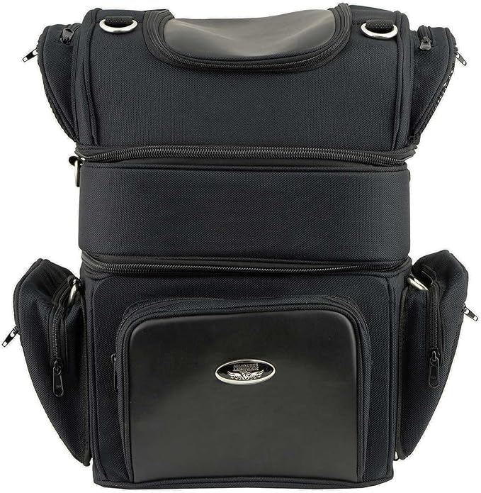 Milwaukee Leather MP8165 Large Black Textile Motorcycle Triple Barrel Sissy Bar Rack Bag with 5 Bonus Pockets - Large