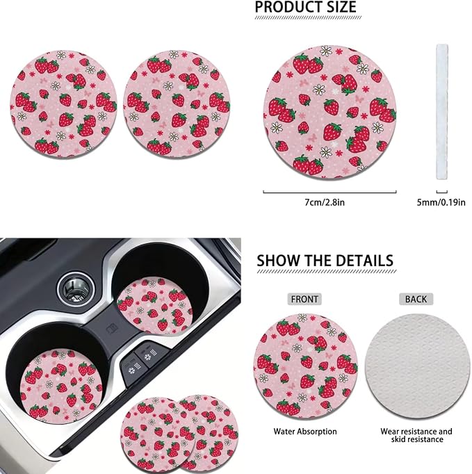 Howilath Strawberries Print Car Seat Cover Full Set with Steering Wheel Pads/Seat Belt Cushion/Keychains/Cup 13 Piece Auto Accessories Universal Fit All Seasons
