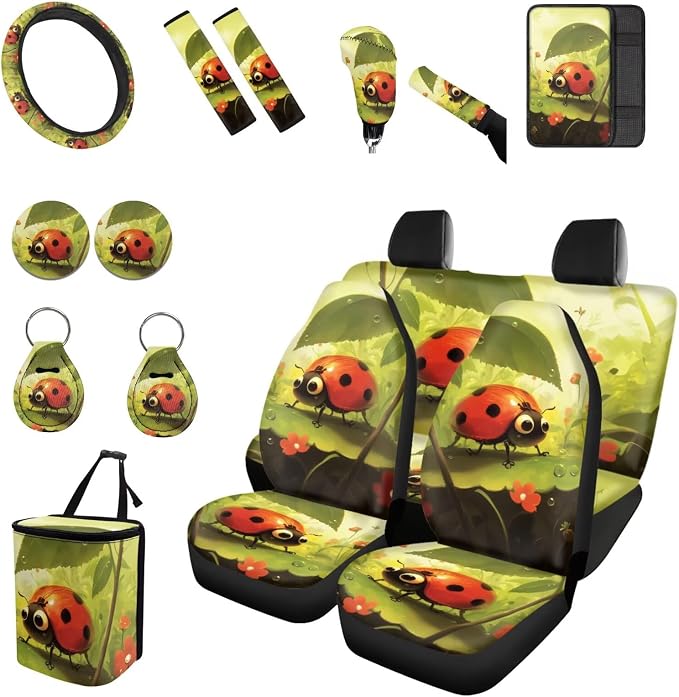 Forchrinse Ladybug Car Seat Covers for Women 15Pcs Auto Accessories Set Included Steering Wheel Cover Shoulder Armrest Pad Cup Coaster Keychain Trash Can