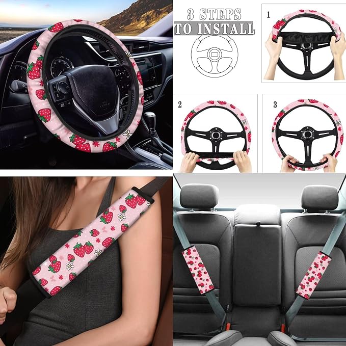 Tupalatus Cute Strawberry 9 Pcs Car Seat Covers Car Accessories Set for Men Women Steering Wheel Cover Auto Seat Belt Cover Coasters Gear Shift Cover Hand Brake Cover