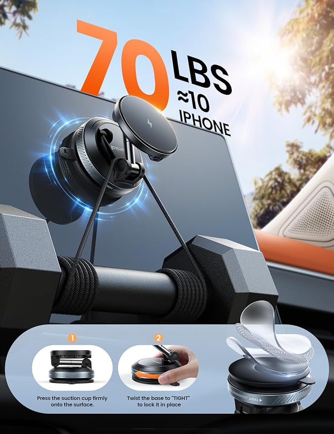 Lamicall 15W for MagSafe Car Mount Charger - [70 LBS Strongest Suction] Magnetic Wireless Car Charger, Suction Cup Phone Mount, Vacuum Magnetic Phone Holder Car Mount for iPhone 17 Pro Max 16 15 14 13