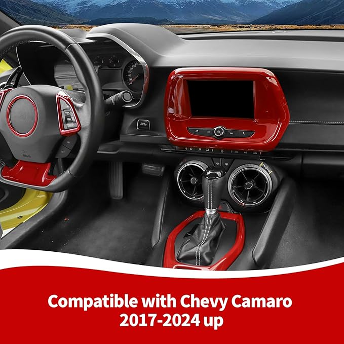 RAZPOY for Camaro Interior Trim Kit, 6PCS Gear Shift Panel Trim Navigation Screen Radio Cover Compatible with 2017-2023 Chevy Camaro, Red (Small Screen)