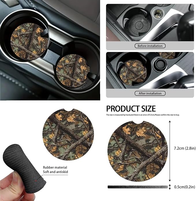 Hunting Camo Pattern Auto Interior Set of 15, Full Set Seat Covers for Cars Steering Wheel Cover Seatbelt Cushion Air Outlet Storage Bag Trash Can Cup Coasters Keychain