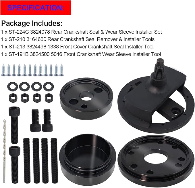 SMMS Front & Rear Crankshaft Seal Remover & Installer with Wear Sleeve Installer Tool Set for Paccar PX-6, Cummins 1989-2016, Replace OE: 3824078 ST-224C