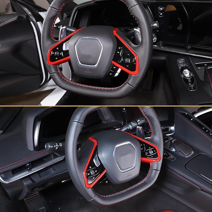 Steering Wheel Button Cover Compatible with Chevrolet Corvette C8 2020-2023, Steering Wheel Frame Trim, Car Steering Wheel Panel Protection Frame Molding Sticker (ABS-Sports red)