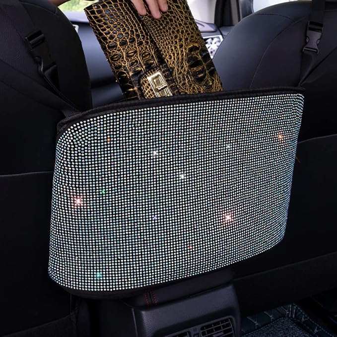 Car Net Pocket Handbag Holder Between Seat Back Organizer Storage Bag, Purse Holder for Console Front Seat Storage Barrier, Rhinestone Car Storage Organizer Between Front Seats, Multicolor