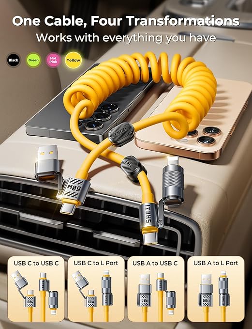Coiled Cable & Clip 4-in-1 USB C Cable 60W Compatible with Lightning Cable Fast Charging & Data Transfer, Support to CarPlay & Android Auto, 5FT Multi Cord Combo Charger for iPhone/iPad