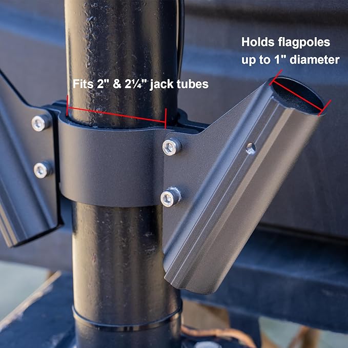 RV Dual Flag Pole Mount for 2" and 2¼" Tongue Jack, Heavy Duty Aluminum Camper Flagpole Holder Fit Double 1" Flag Pole Bracket, RV Trailer Essentials with Quick Lock Wing Screws, Drain Holes