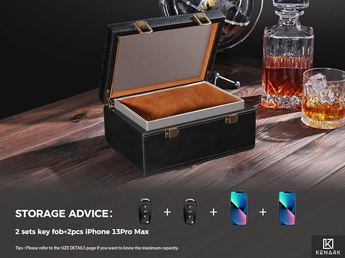 KK6 PLUS-BK Faraday Key Fob Protector Box, RFID Signal Blocking Shielding Box for Car Keys, Anti-Theft Vintage Faraday Cage with High-Grade Protein Leather, Black - Size: L