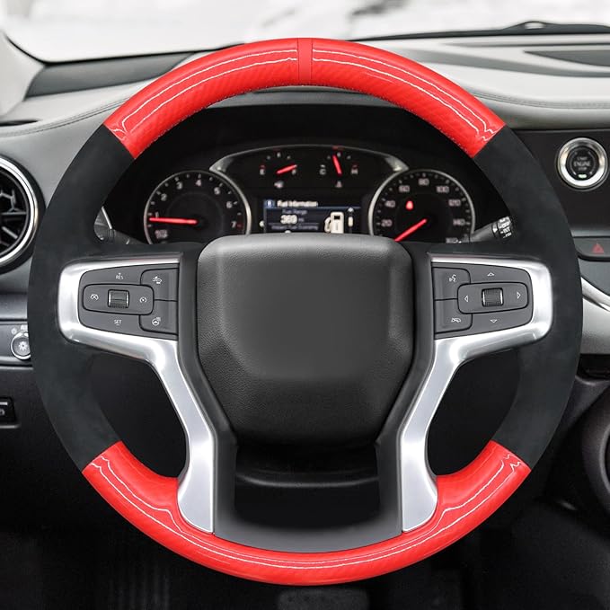 MEWANT DIY Red Shiny PU Carbon Fiber Black Athsuede Steering Wheel Cover Chevy Silverado Blazer 1500 Silverado 2500