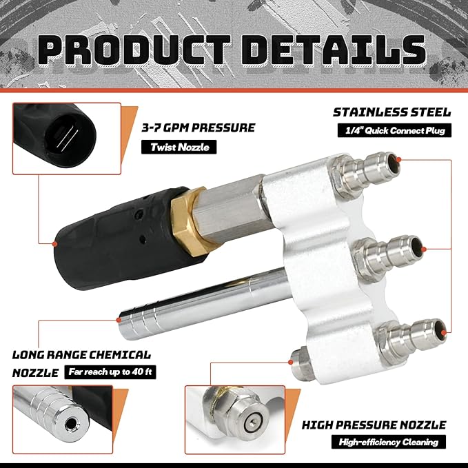 3-in-1 Downstream Soft Wash Nozzle, Adjustable Shooter Tip M5 Twist Nozzle, 0-60° Spray Pattern with 1/4" Quick Connect for 3-7 GPM 1700-6000 PSI Pressure Washer