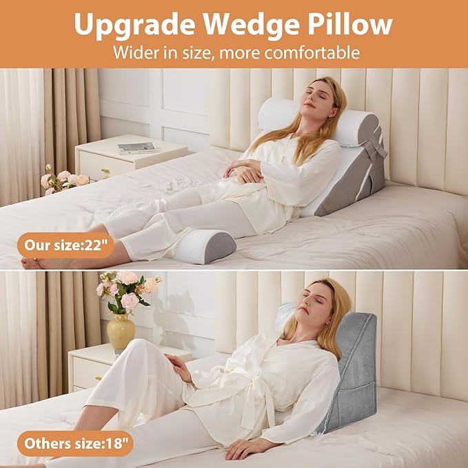 BIEEZZK 4PCS Wedge Pillow Set for After Surgery, Back Pillow for Bed Sitting up, 9&12inch Adjustable Memory Foam Bed Wedges, Pillow Wedge for Acid Reflux, Back Pain Relief, Snoring, White/Grey
