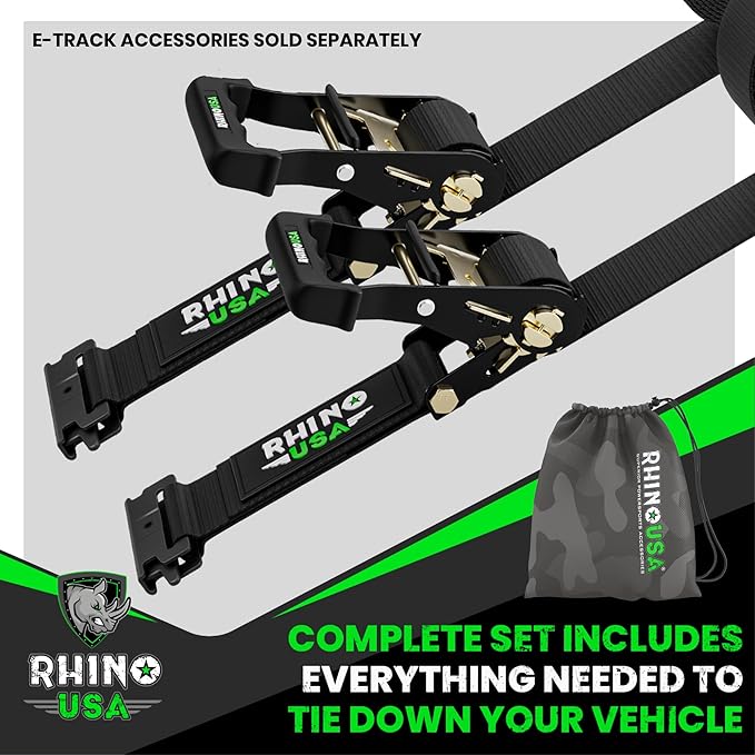 Rhino USA E Track Ratchet Tie Down Straps (4,500lb Break Strength) - Includes (2) Premium 2" x 16' eTrack Tie Downs - Ultimate Heavy Duty eTrack Cargo Strap System for Trailer, Truck, Motorcycle