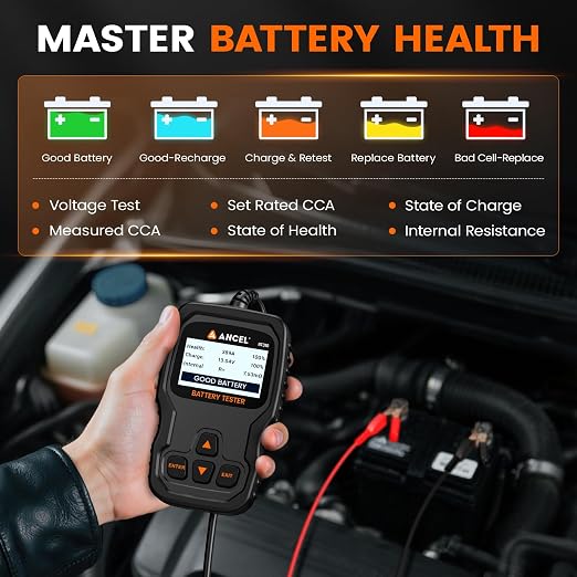 ANCEL BT310 12V 24V Car Battery Tester, Lead-Acid & Lithium Battery Load Tester for 100-2000 CCA, Test Automotive Battery Health, Cranking & Charging System for Car Truck Motorcycle RV ATV Boat & More