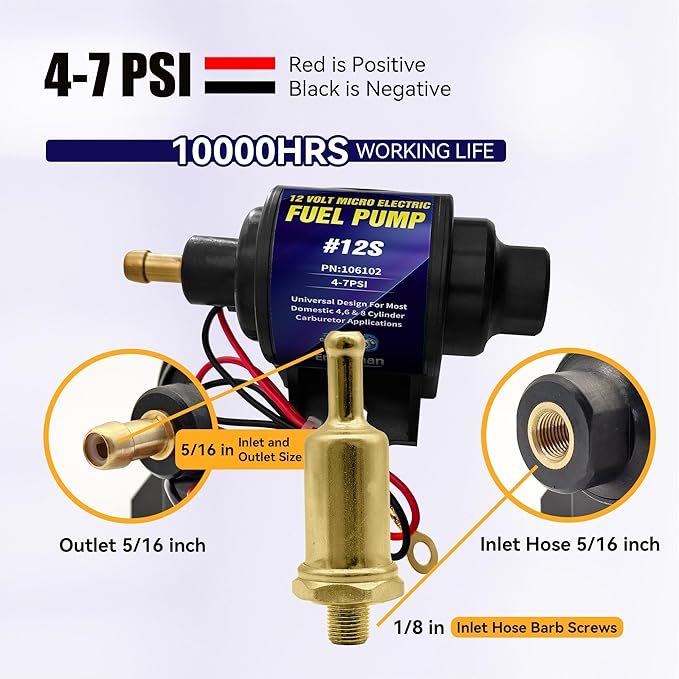 Micro Electric Gasoline Fuel Pump Universal 5/16 inch Inlet and Outlet 12V 1-2A 35GPH 4-7 P.S.I. Operating Fuel Pressure