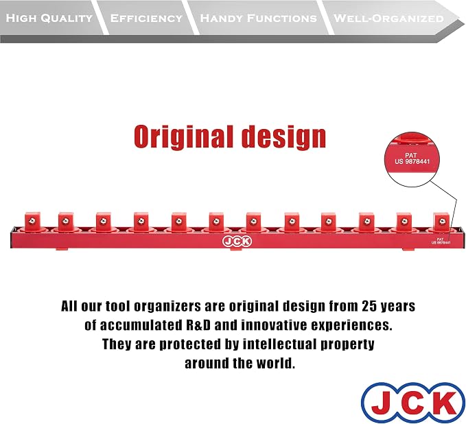 JCK Professional Quality Aluminum Socket Organizer (1/2" Socket) with special designed strip & 360 degree rotary positioning studs Red for Metric/Imperial tool Organizer secure socket storage toolbox