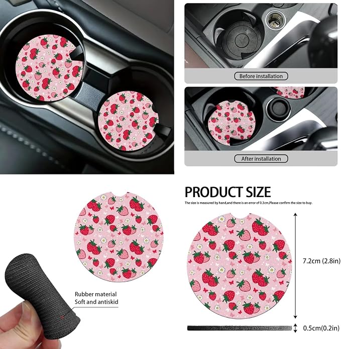 Cute Strawberry 12 Pieces Car Seat Covers Sets Steering Wheel Cover Steering Wheel Cover Car Console Covers Cars Seat Belt Cover Personalized for Most Cars, SUVs