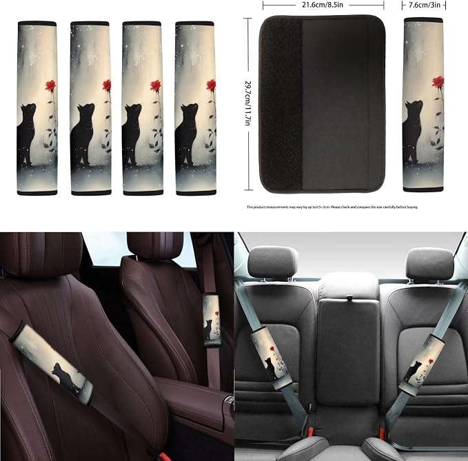 Cat Rose Print Car Seat Cover for Front and Back Seats with Headrest Covers Steering Wheel Cover Safety Belt Pads Armrest Cushion Gear Shift Lever and Handbrake Covers Keychain