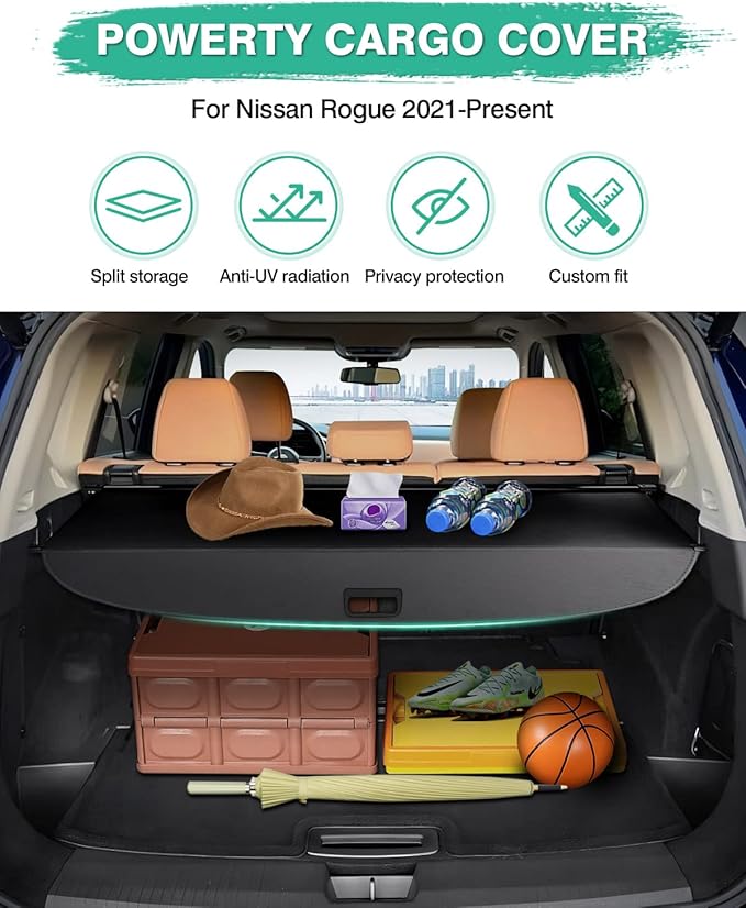 Powerty Cargo Cover for Nissan Rogue 2026 2021-2025 Platinum S SL SV, Trunk Cover Retractable Trunk Shielding Shade Rogue Accessories Cargo Luggage Cover No Gap(Not for Rogue Sport/Select)