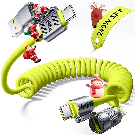 Coiled Green Cable 4-in-1 USB C Cable 240W Compatible with Lightning Cable Fast Charging & Data Transfer, Support to CarPlay & Android Auto, 5FT Multi Cord Combo Charger for iPhone/iPad
