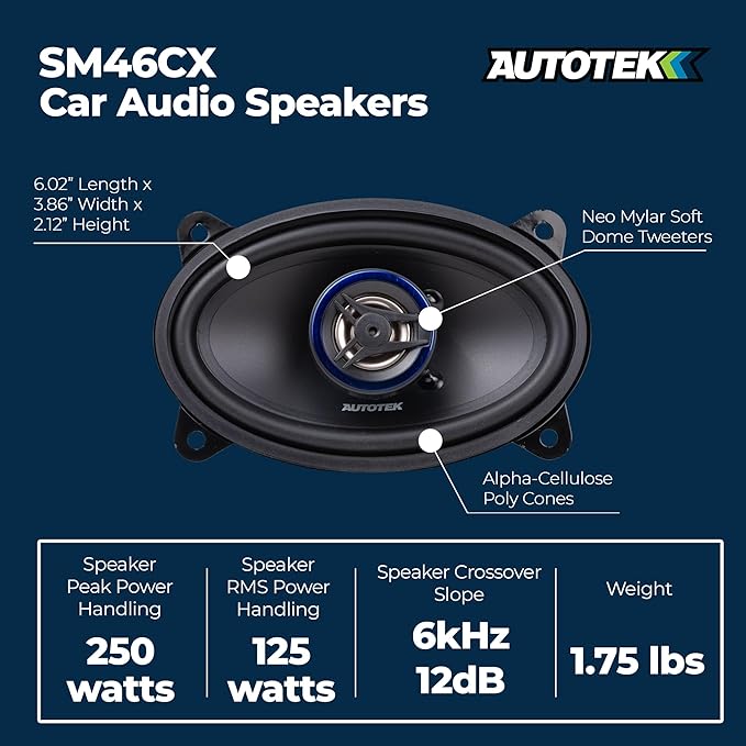 Autotek 2 Pack Street Machine 200W 4x6 Inch 2 Way Car Audio Coaxial Speakers with Neo Mylar Soft Dome Tweeters for Crystal Clear Sound