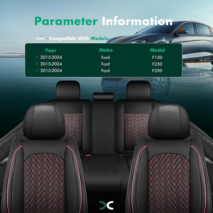 SCITOO Car Seat Covers Full Set Leather Fits for Ford F150 F250(Black&Red) | Waterproof Premium Nappa Leather Car Seat Covers,Airbag-compatible,Full Protection,Easy to install ,Fits for 15-24 For Ford