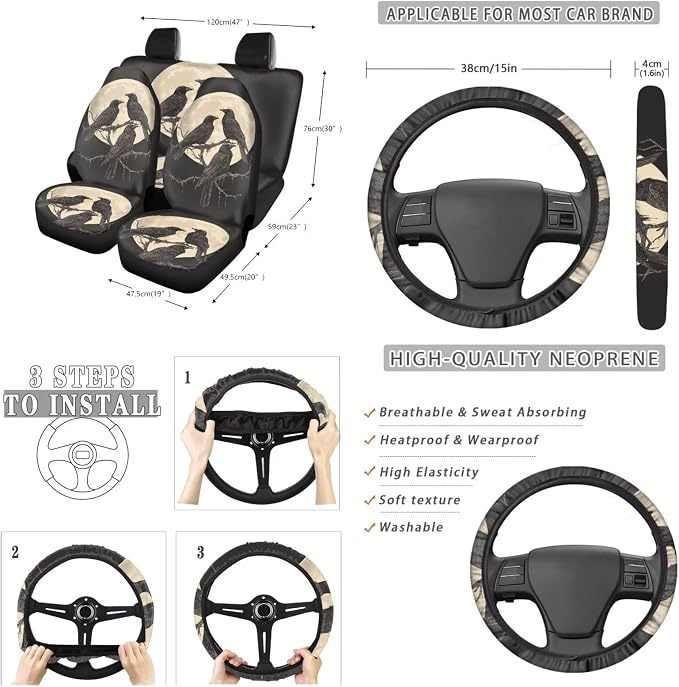 Suobstales Raven Moon Print Cars Seat Covers Full Set of 13,Car Accessories Steering Wheel Cover + Seat Belt Covers Pads + Rearview Mirror Cover + Car Trash Can + Coasters + Keychains