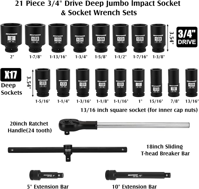 MIXPOWER 21 Pieces 3/4'' Drive Deep Jumbo Impact Socket Set,SAE(7/8''-2''),6 Point,Ratchet Wrench Adapters Extension Bars,CR-MO