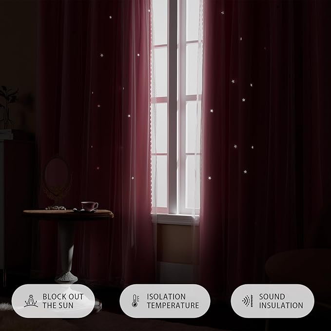 XiDi Pink Curtains for Girls Bedroom 84 Inches Long Blackout Nursery Curtains Double Layer with Sheer Overlay for Kids Toddler Princess Room Grommet Privacy Room Darkening Window Drapes 52x84 Inches