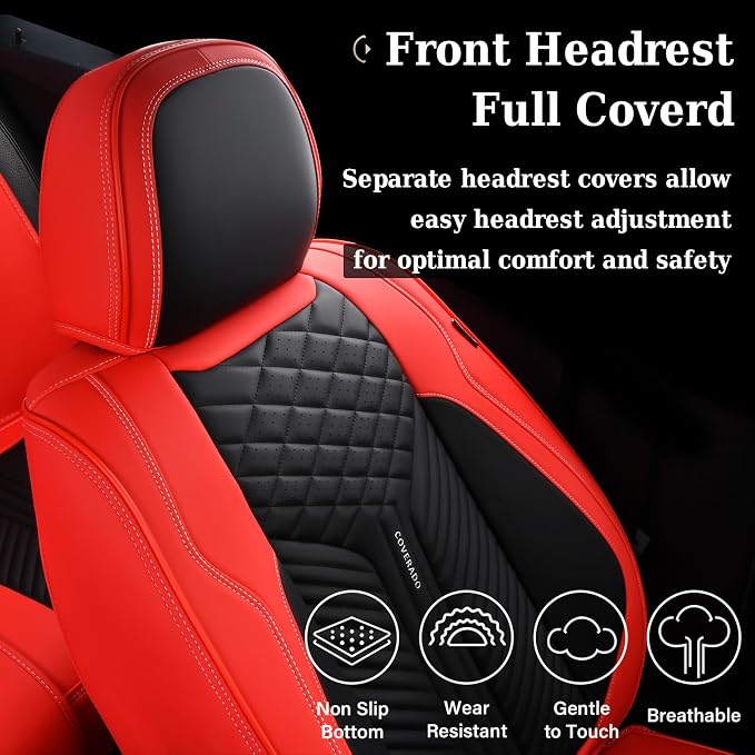 Coverado Car Seat Covers Full Set, 5 Seats Leather Seat Covers for Cars, Waterproof Front and Rear Car Seat Cushions Protectors Universal Fit Most Vehicles (Black&Red)