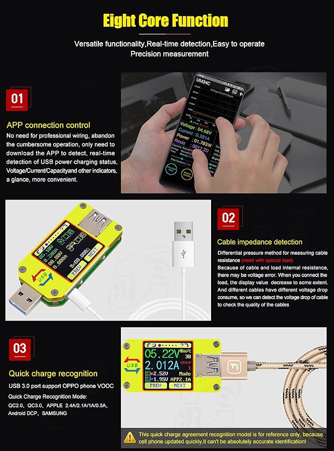 RD UM34C 4A USB3.0 USB Meter Tester Voltage Current Power Charger Voltmeter Ammeter Multimeter Tester Measure Cable Resistance(UM34C)