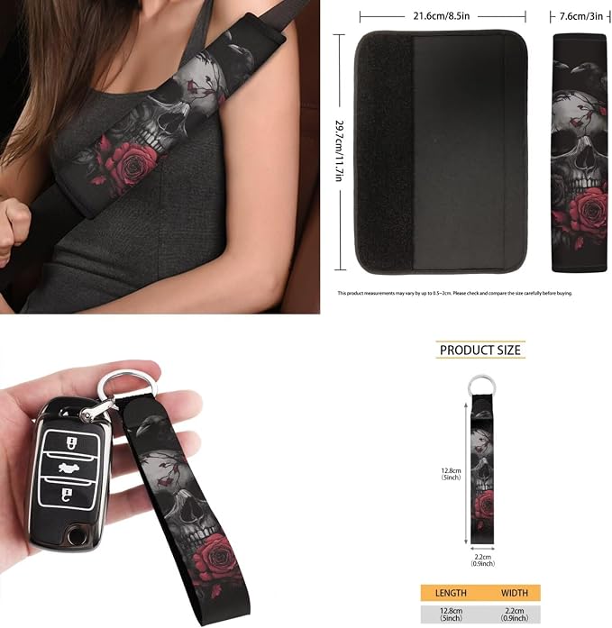 15Pcs Rose Raven Skull Car Seat Cover Full Set for Women with Car Steering Wheel Cover Seat Belt Cover Trash Bin Front Rear View Mirror Car Cup Holder Keychain