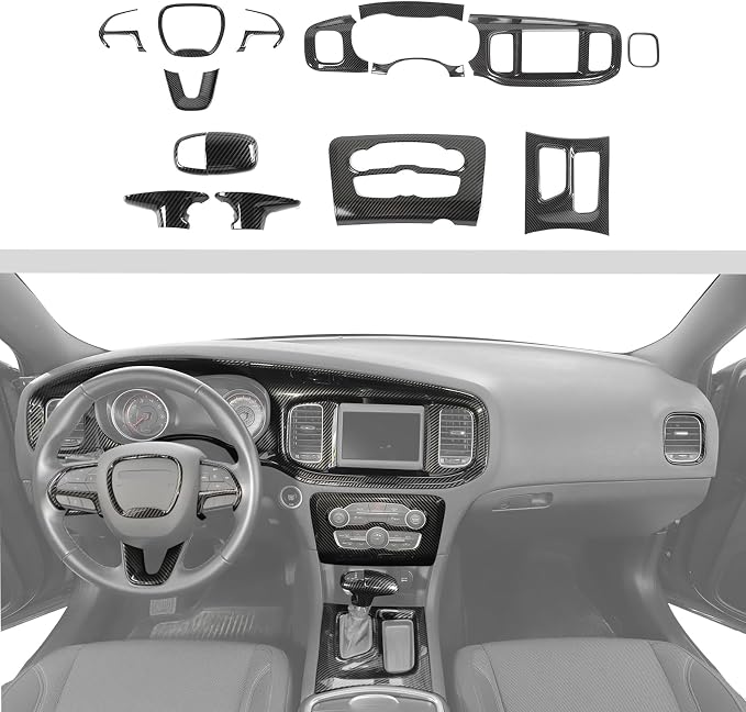 JWWY Carbon Fiber Interior Trim Kit for 2015–2026+ Dodge Charger, Dashboard Instrument Panel Gear Shift Knob Center Console AC Control Panel Cover Interior Accessories 14PCS