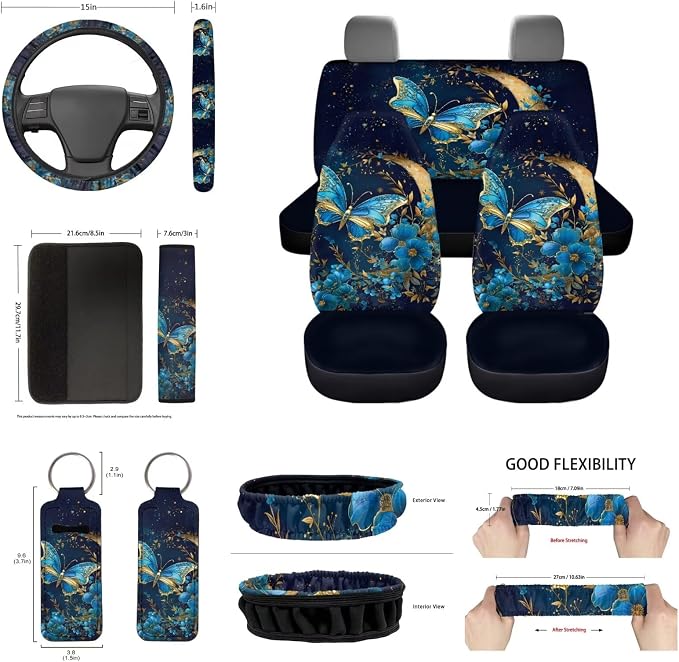 14 Pcs Car Seat Covers Butterfly Full Set for Women,Moon Flower Butterfly Auto Seat Cushion+ Steering Wheel Protector+ Coaster+Keychain+Seatbelt Pad+Handbreak Gear Shift Accessories