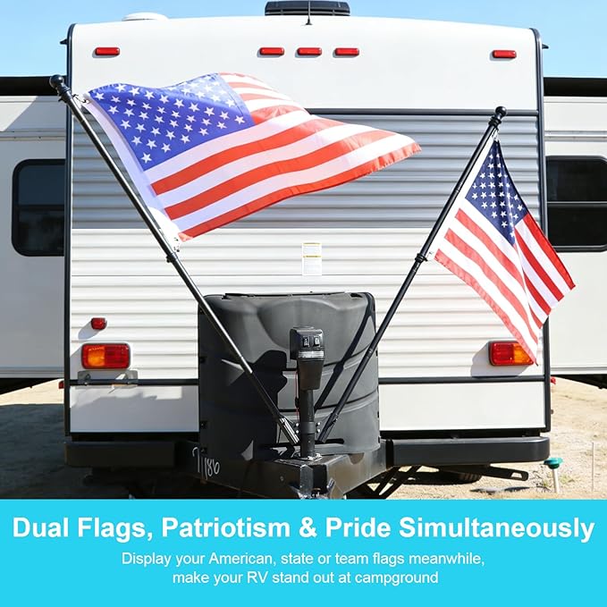 RV Dual Flag Pole Mount for 2" and 2¼" Tongue Jack, Heavy Duty Aluminum Camper Flagpole Holder Fit Double 1" Flag Pole Bracket, RV Trailer Essentials with Quick Lock Wing Screws, Drain Holes