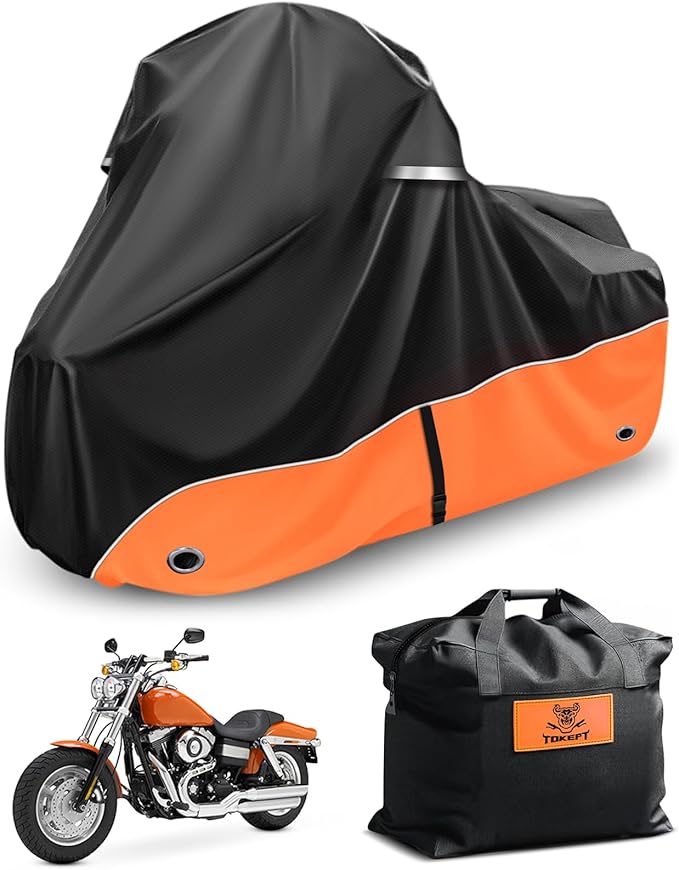 Motorcycle Cover 420D Heavy Duty All-Season Weatherproof Outdoor Protective Cover, Featuring Ventilation Holes & Night Reflective, 96" XXL Vehicle Cover/Black Orange