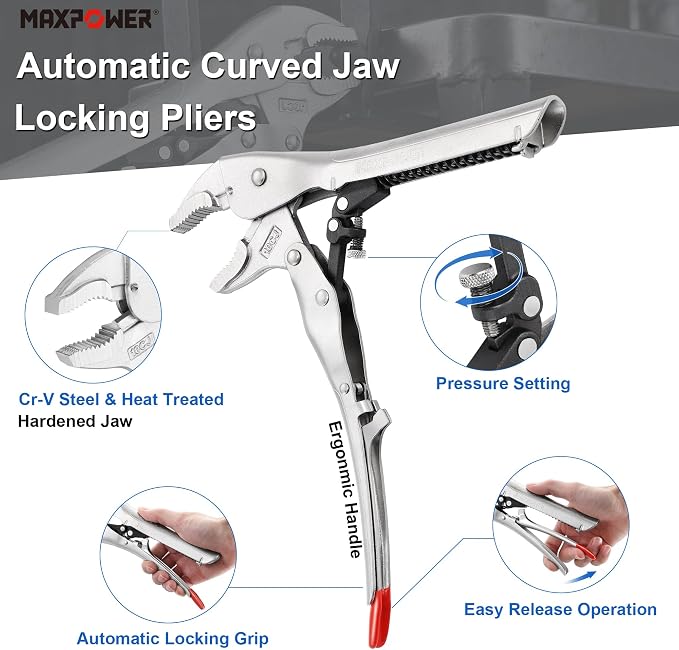 MAXPOWER 2 Pieces Locking Pliers Set, 6" 10" Curved Jaw Self Adjusting Locking Pliers, with 1.2" and 2" Jaw Capacity