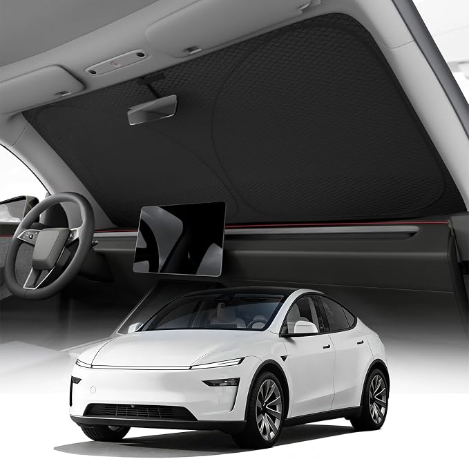 REEVAA 2026 3rd Windshield Sunshade for Tesla Model Y Juniper 2026-2025 | Dual-Layer Heat & Sun Defense, OEM Design |Foldable Sun Shade, Car Accessories with Storage Bag