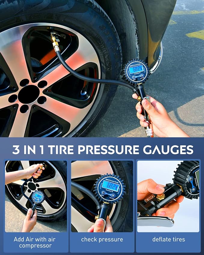 Nilight Digital Tire Inflator Deflator with Pressure Gauge 250 PSI Heavy Duty Air Chuck Compressor Attachments with Rubber Hose & Quick Connect Coupler 0.1 Display Resolution for Car Truck SUV RV