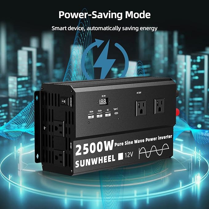 SUNWHEEL 2500W Pure Sine Wave Inverter, 12V DC to 110V/120V AC Power Inverter for RV、Off Grid、Refrigerator with 4 AC outlets and LCD Display