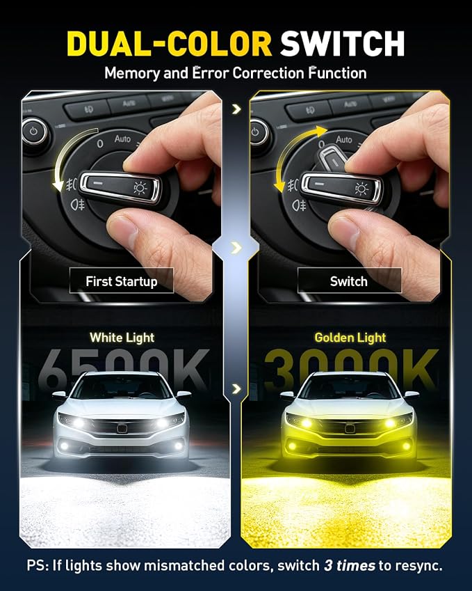 AUXITO H11 LED Dual Color Bulb 80000LM, 6500K White 3000K Golden Yellow Switchback Fog Lights, 60000H Extremely Long Life, 1:1 Mini Design for Easy Installation, Pack of 2