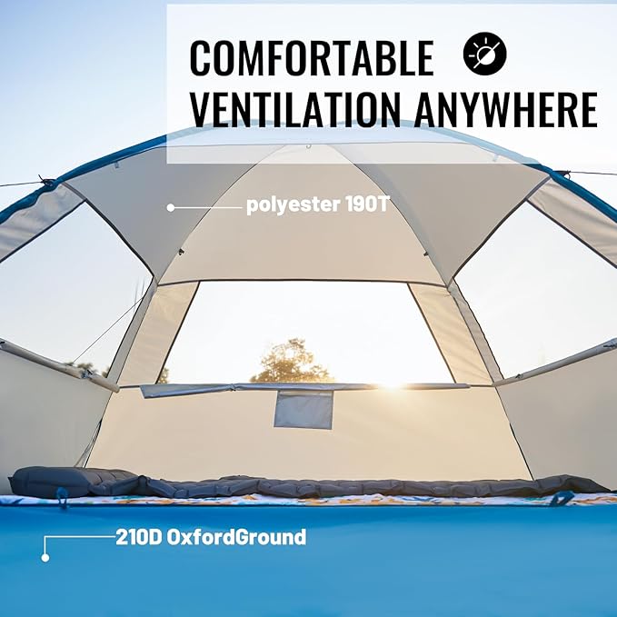EchoSmile UPF 50+ Beach Tent Sun Shelter for 3/4 Person, Portable Beach Cabana Tent
