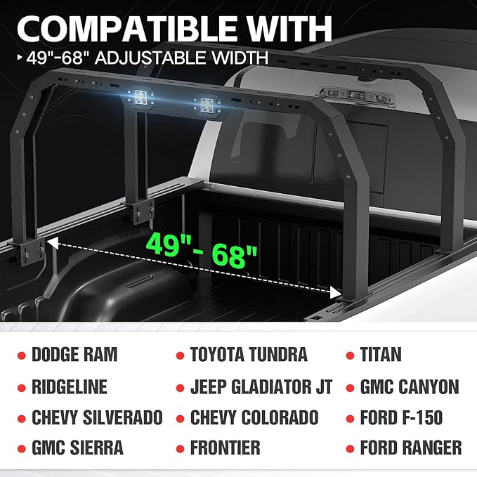 YZONA Adjustable 27-30" High Truck Ladder Bed Racks Compatible with Tacoma/Tundra/Ram 1500/ Silverado & Sierra 1500/ F150/Gladiator JT/Titan/Frontier/Colorado/Canyon/Ranger with 2 LED Lights