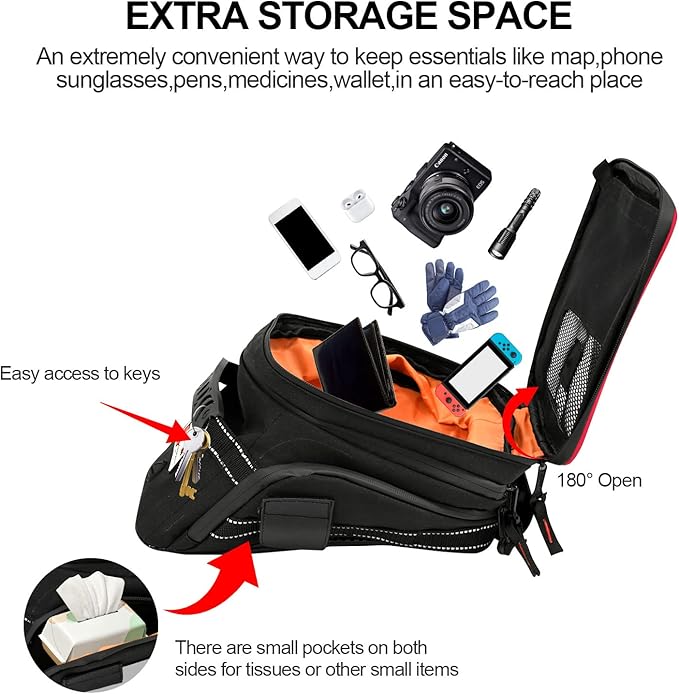 Motorcycle Tank Bag w/Strap Storage Bag Compatible with Honda Yamaha Suzuki Kawasaki Harley Water Resistant (Red Piping)