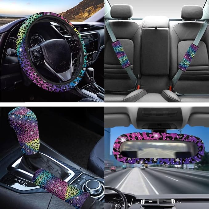 Colorful Leopard Auto Seat Covers Front Back Seats Set 14pcs,Cheetah Car Interior Set with Keychain,Seatbelt,Steering Wheel Cover,Car Coasters,Mirror Cover Decor Accessory for Women Men