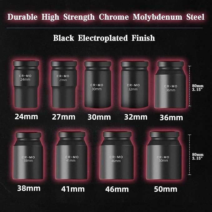 TONYNOL 1" Inch Drive Deep Impact Socket Set,9 Pieces,6-Point,Metric Sizes(24mm,27mm,30mm,32mm,36mm,38mm,41mm,46mm,50mm),Cr-Mo Steel