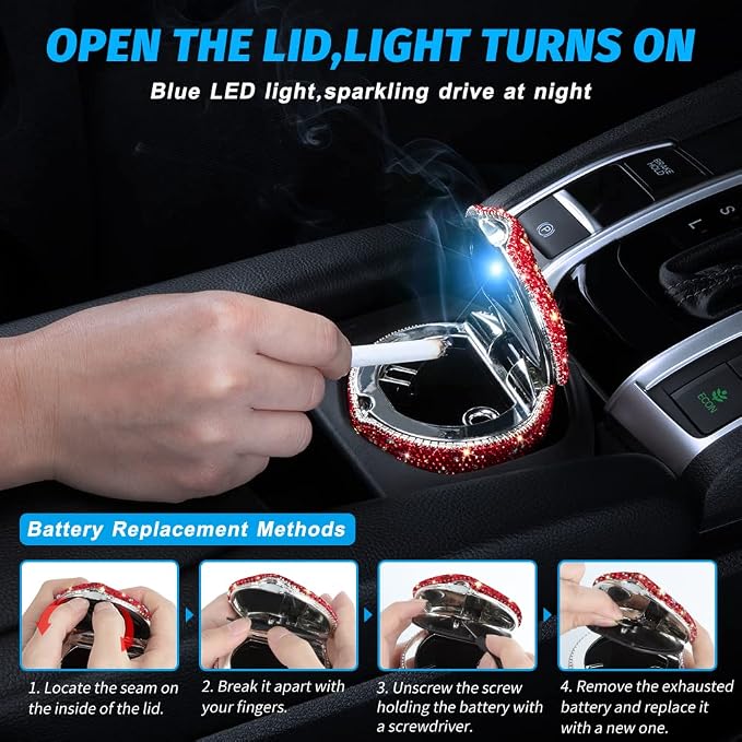 eing Car Ashtray Portable Bling Cigarette Smokeless Cylinder Cup Holder with Blue LED Light Indicator and 2 Replacement Batteries,Car Accessories for Women,Ideal for Car,Home and Office,1-Pack Red