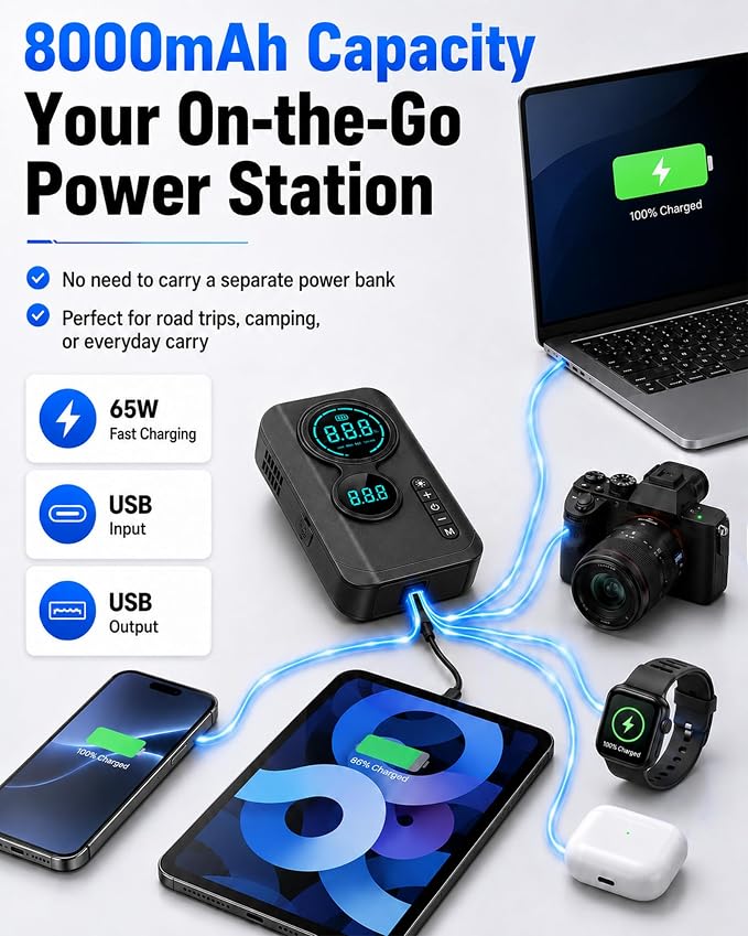 9000A Jump Starter with Air Compressor, 12V Car Battery Jumper Starter with 150PSI Tire Inflator Air Pump Portable (All Gas/10L Diesel), All-in-One Jump Box with LED Light, Power Bank, Large Display