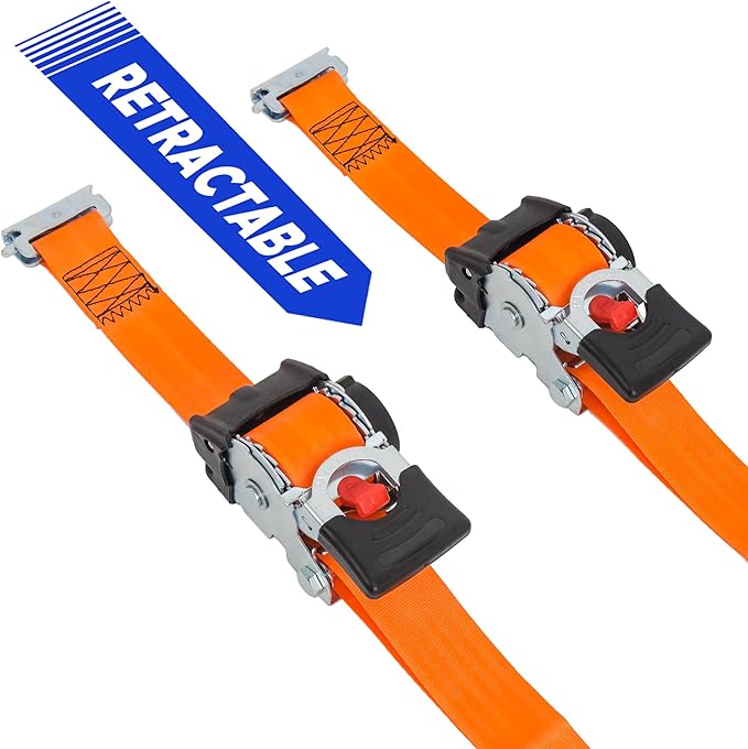 PowerTye - 2 inch x 10ft Long Retractable Ratchet Tie Down Strap with E-Track Clips - Self-Retracting Ratchet, 800 lb W.L.L., Ideal for Cargo, ATV, Golf Carts, Includes Storage Bag, Orange (Pair)